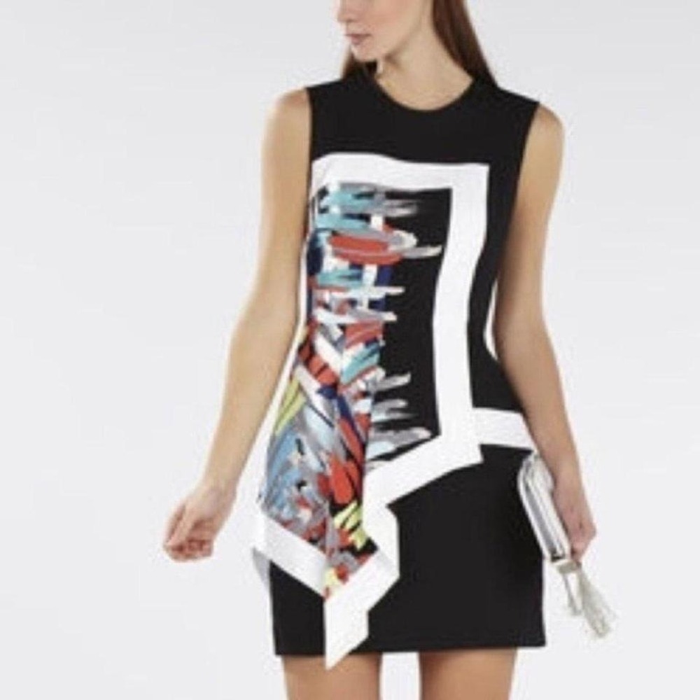 BCBG Alessandra Printed Asymmetrical Peplum Dress